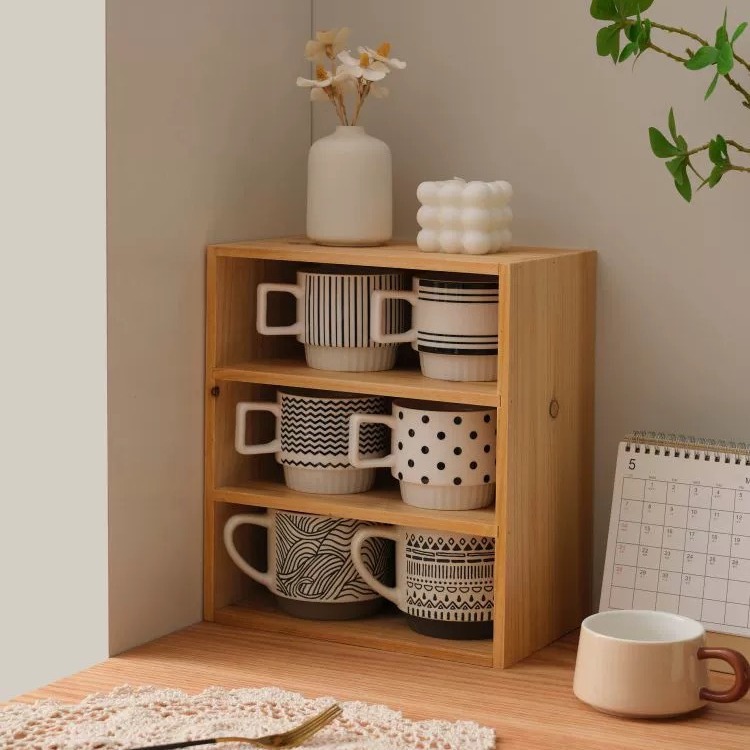Solid Bamboo Desktop Storage Box with Dust-proof Feature Multi-layered for Office or Living Room for Cup Coffee Tea Pot Use