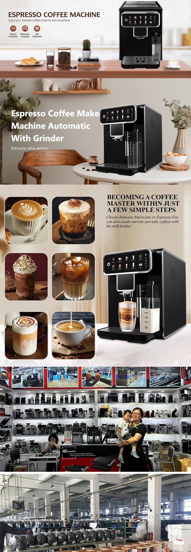 Automatic Espresso Coffee Machine 15 Bar 1350W Programmable Touch Screen Home Office