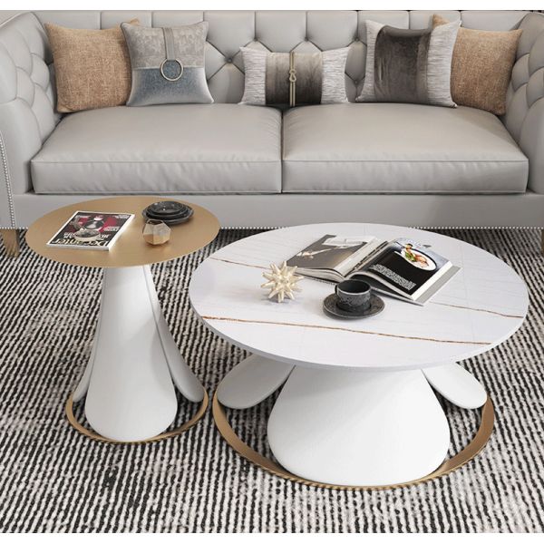 2pcs Living Room Round Rock Coffee Table 50cm Long With Super Fiber Leather