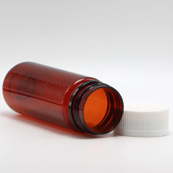 Garrafa de PET marrom de 150 ml para suplementos de plástico líquido e tampas de segurança para crianças