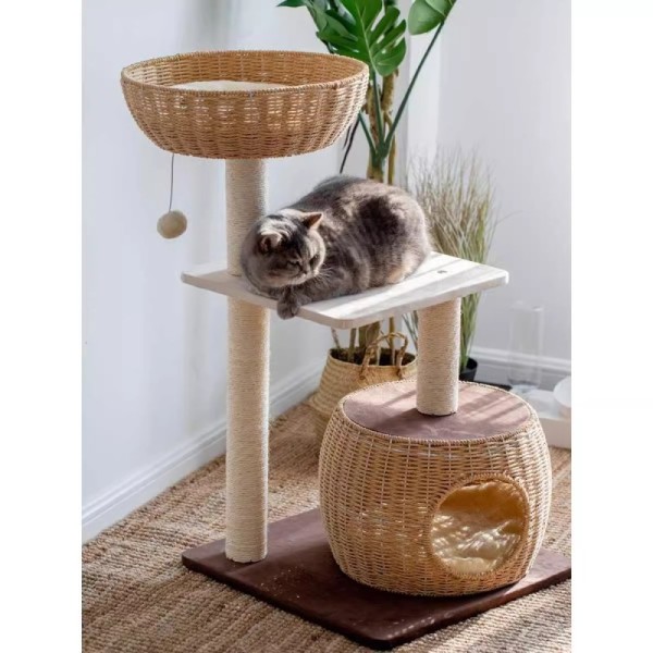 Rattan Modern Cat Tree with Nest Kennel and Scratching Post Four Seasons Universal Carton Packed Halloween/Christmas Decor