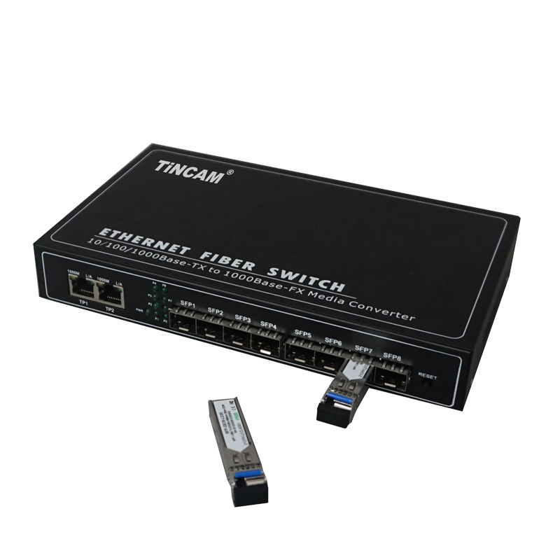 10/100/1000M single mode single fiber 8 fiber ports & 2 RJ45 ports fiber switch （External）