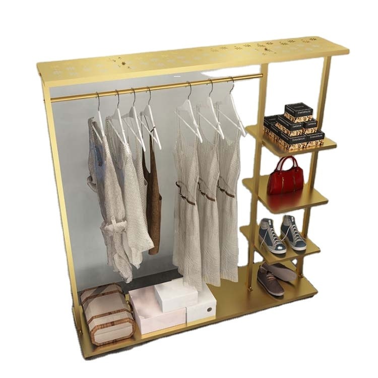 Commercial Sectional Display Furniture Gold Clothing Rack with Shelves and Wheels