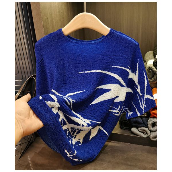 Retro pleated summer new Chinese ink bamboo print T-shirt fashionable plus size women's casual top