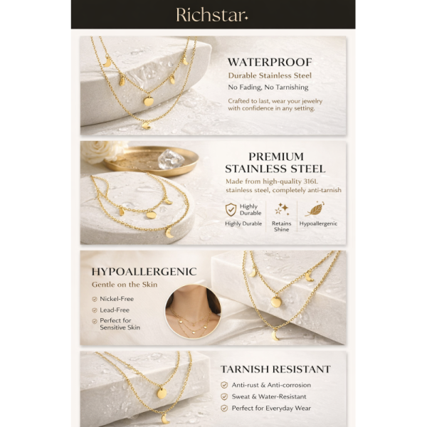 18K Gold Plated Layered Necklace for Women - Dainty Double Chain Moon & Disc Charm Pendant - Waterproof & Tarnish Free Hypoallergenic Jewelry - Minimalist Celestial Choker Gift for Her
