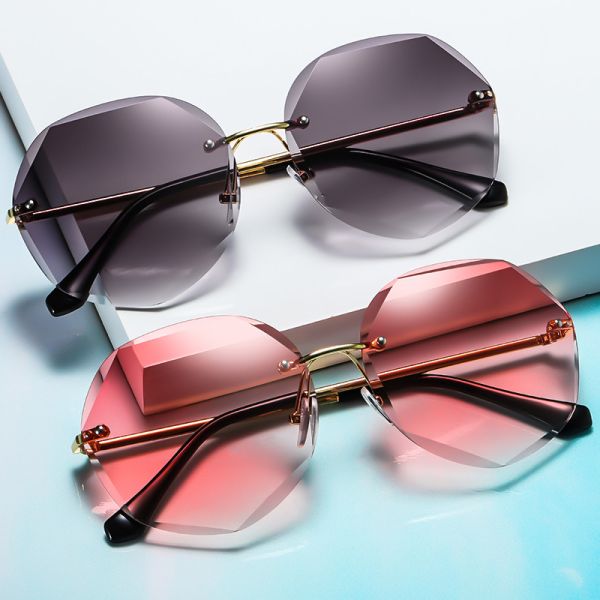 Colorful Gradient Lens Rivets Fashion Rimless Women Sunglasses