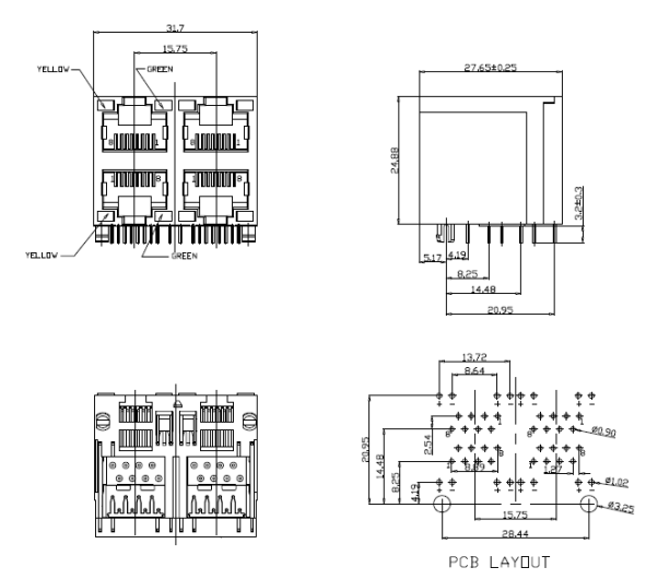 2X2 Port Rj45 Ethernet Jack With LED Y/G Side Entry Unshielded TM5JC822SX111