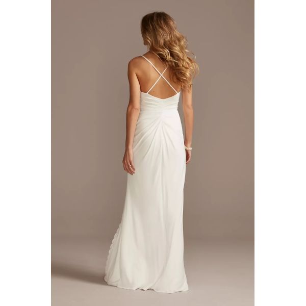 Sleek Sheath Figure-flattering Draping Ruching Spaghetti Straps V-neckline Slit Side Zipper White Chiffon Wedding Dress