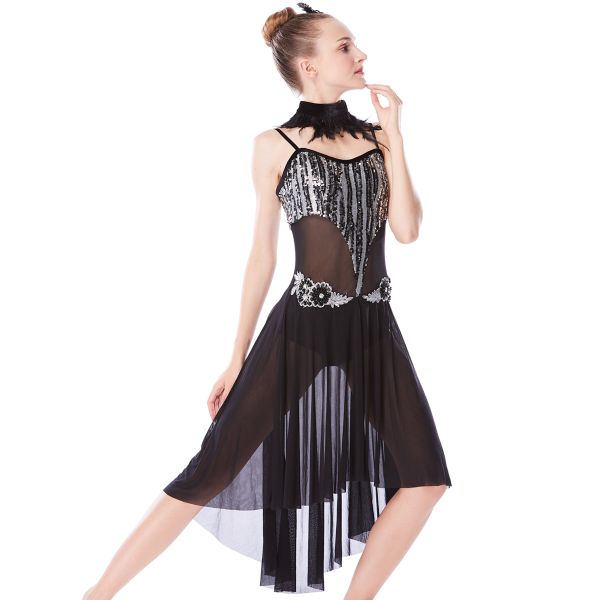 MiDee Lyrical Dress Modern Dance Costumes Heavy Sequins Silver/Back With Feather Neck Wear For Solo Performance