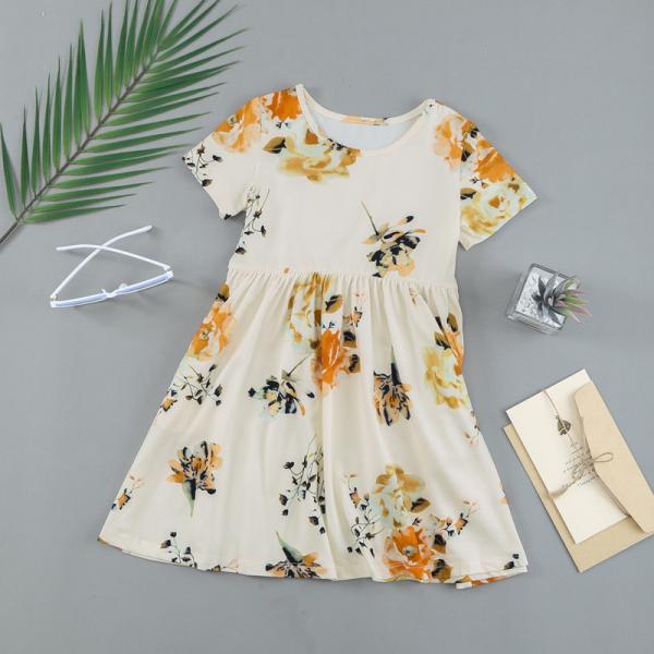 Summer Children's Clothing Solid Color Cotton Printed Short Sleeve Casual Girls Dress
