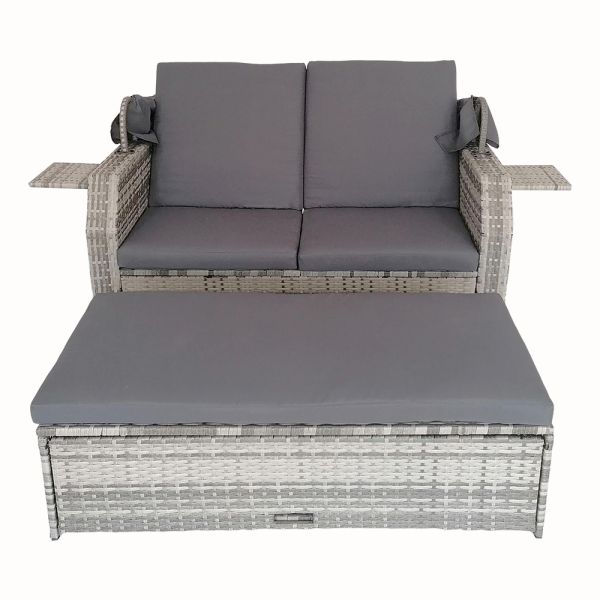 Leisure Outdoor Rattan Double Sun Bed Rattan Wicker Chaise Lounge Daybed With Canopy