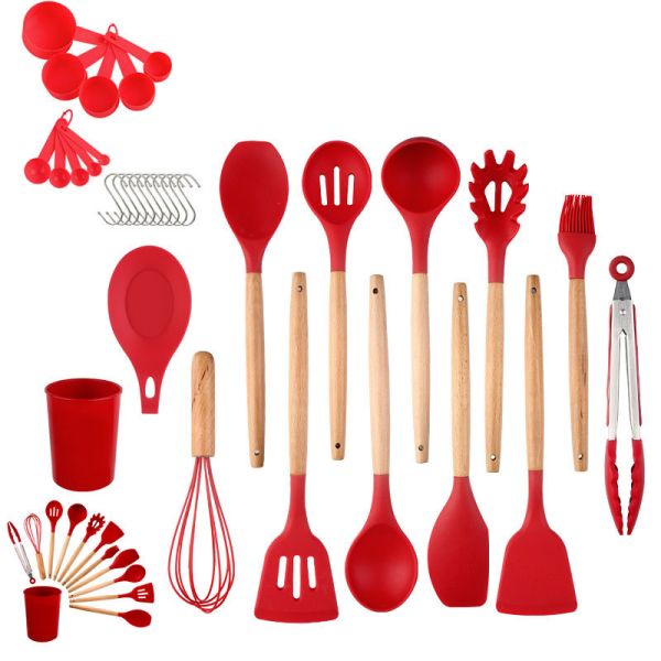 Stocked Silicone Kitchenware Cookware Sets With Wooden Handle Heat Resistant for OEM/ODM