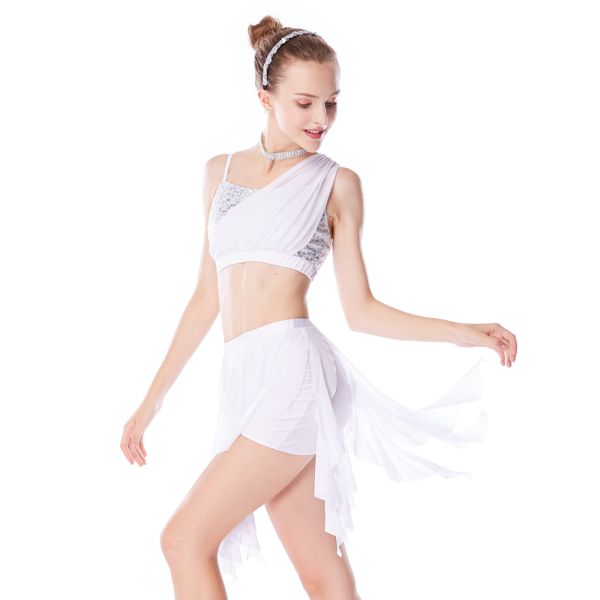 Dance Dresses Sequins Dance Tops One Shoulder Gather With Feather Flower Girls Spirals Skirt