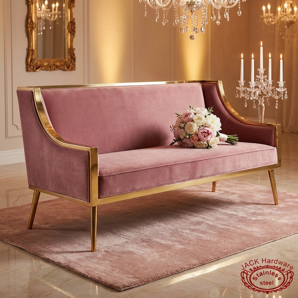 WENDING Pink Mauve Three-Seat Settee – Gold Trim Box-Style Wedding Reception Sofa