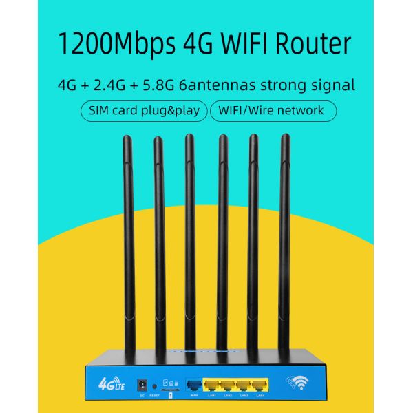 6 маршрутизатор SIM-карты диапазона черноты маршрутизатора антенн 1200Mbps WiFi двойной