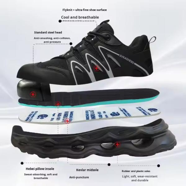 Breathable Microfiber Leather Mesh Safety Shoes With Kevlar Anti-stab Steel Toe And EVA Sole In Black