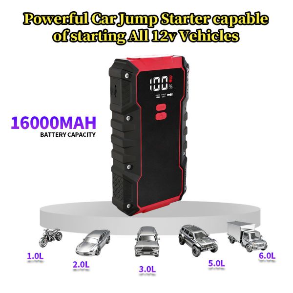 16000mAh 6-in-1 Portable Car Jump Starter with Air Compressor, 150PSI Tire Inflator, Power Bank and LED Flashlight for 12V Vehicles