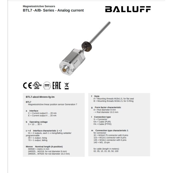 BTL7-E100-M0650-B-S32 Balluff Micropulse Transducer With 750 Mm Measuring Range And 1000 Hz Sampling Frequency