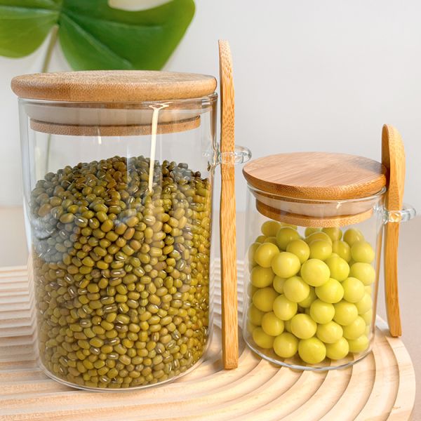 Clear Glass Rack Food Storage Container with Functional Design and Round Bamboo Lid