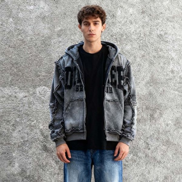 OEM&ODM Wholesale Custom High Quality Heavyweight Men's Hoodie Applique Embroidered Rhinestone Acid Wash Fashion Zip up Hoodie