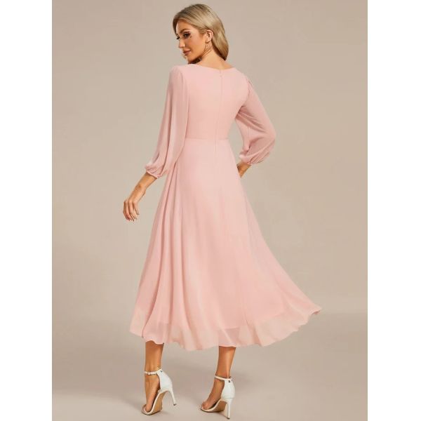 Ruffled A-line Long Sleeve V-neck High-low Wedding Guest Purple Orchid Chiffon Bridesmaid Dress