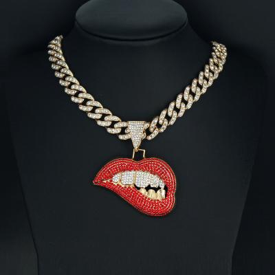 Fashion Hip Hop Red Lips Pendant Necklace Hiphop 11mm Cuban Link Chain Necklaces For Women Men Jewelry Party Gifts