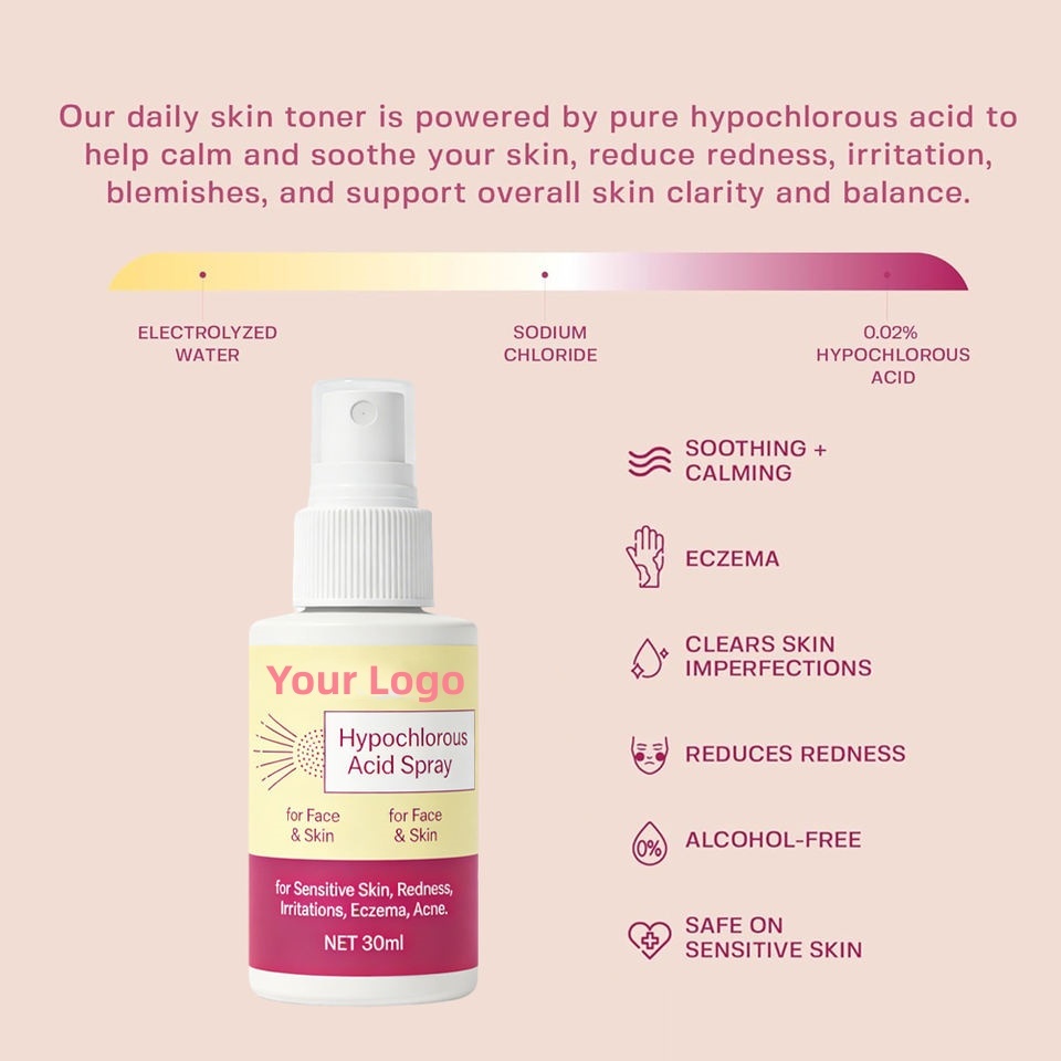OEM ODM Brand Natural Hypochlorous Acid Spray for Hydration, Moisturizing, Soothing, Calming, Brightening, Acne Removal, Redness Reduction, and Facial Toner