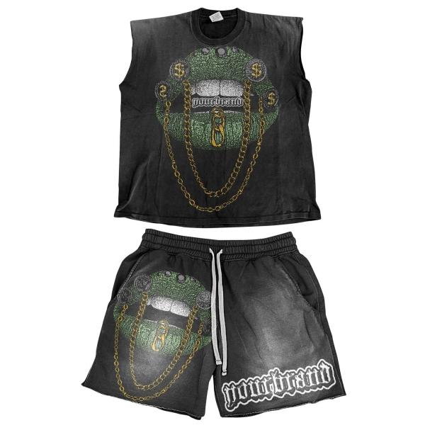 2024 Summer Jogging Acid Wash Distressed Sleeveless Raw Hem 2 Piece Tshirt Shorts Set