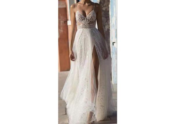 Off White Sling High Slit Lace A Line Bridal Gowns With Many Beads