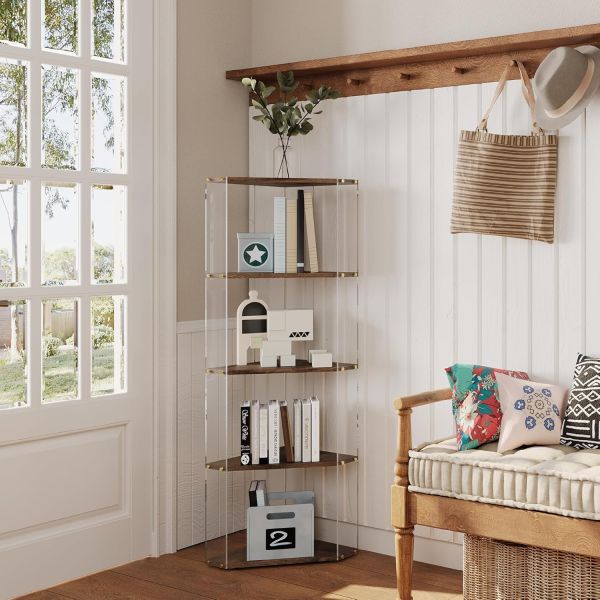 Multipurpose Storage Bookcase with Acrylic and Wooden Corner Display Shelves