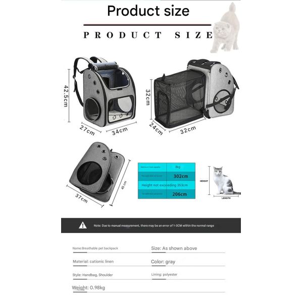 34*27*42.5CM Outdoor Expandable Pet Travel bag Non-Toxic Cute Pet Supplies For Unisex In Grey Features Durable Washable