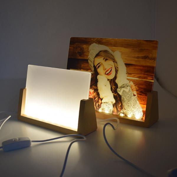 Acrylic Sublimation Photo Frames With Warm Color Light Wood Base Stand LED Night Lights