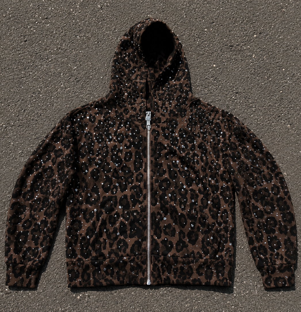 Tianan Clothing Custom High Quality Hoodies Y2K Full Print Leopard Rhinestone Oversize 500gsm Heavyweight Zip Hoodie Cotton