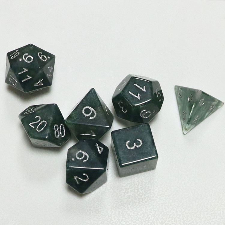 Natural Moss Agate Gemstone Polyhedral Dice Set - Hand Carved DND Dice with Silver Ink Engraved Numbers