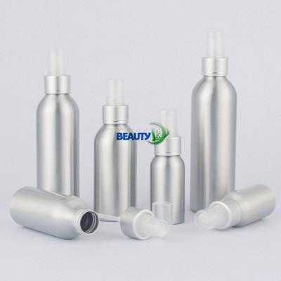 Empty metal packaging  silver aluminum body mist spray bottle with black top