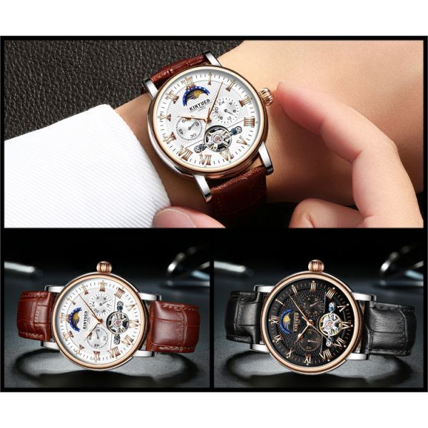 KINYUED Tourbillon automatic mechanical movement genuine leather waterproof  wrist watch
