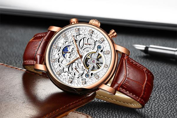 Brand KINYUED watch diamond decoration dial skeleton mens leather automatic mechanical watch
