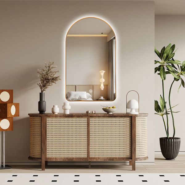 Gold Aluminum Frame LED Bathroom Mirror Anti Fog Touch Sensitive Mirror Arched LED Back Light Mirror