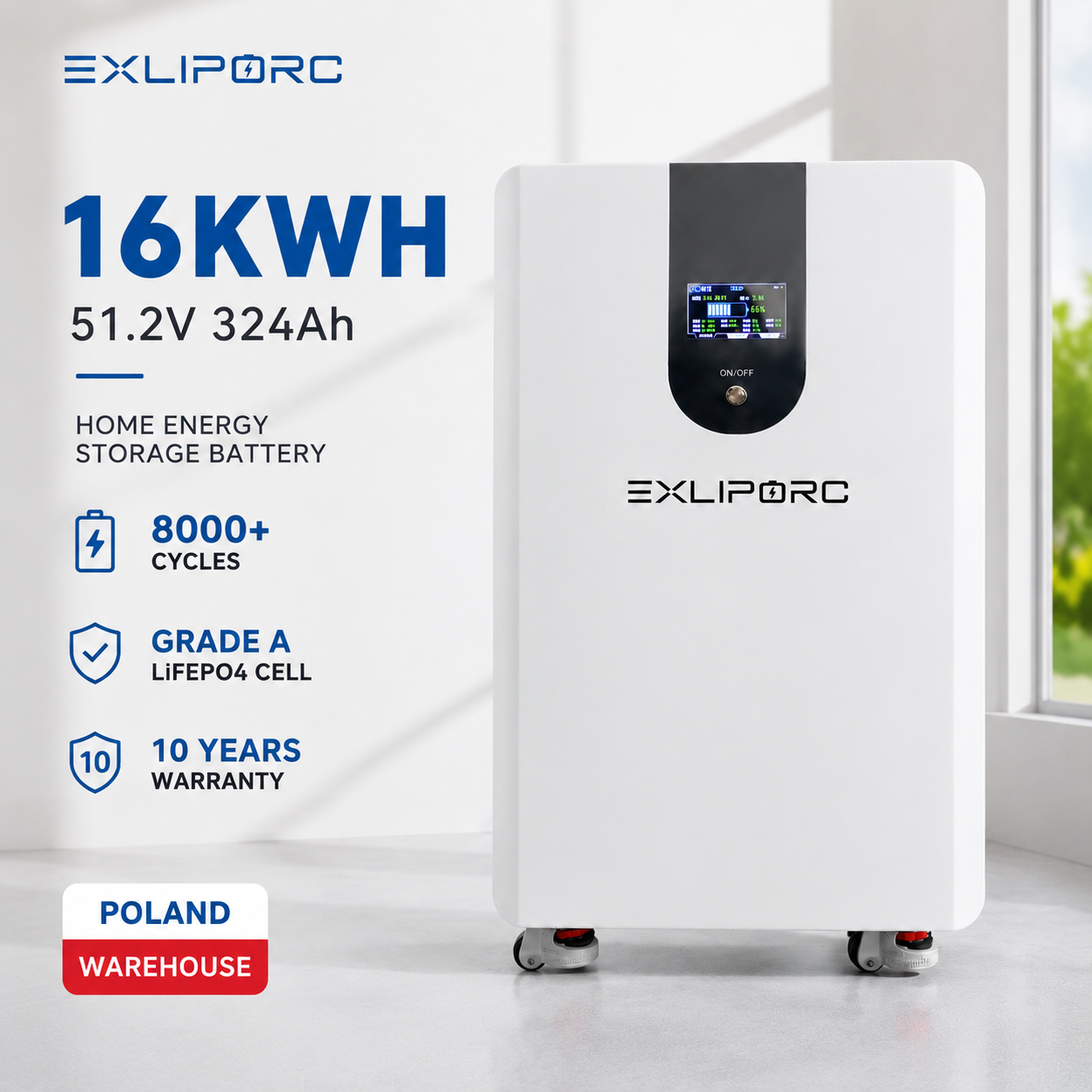 EXLIPORC 16.58kWh 51.2V LiFePO4 Home Battery with 8000+ Cycles and High Capacity for Home Energy Storage