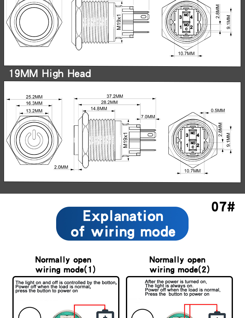 19mm Metal Push Button Switch 1NO1NC Oxidized Black Shell Waterproof Momentary Latching Button Switch High/Flat Head Ring-LED