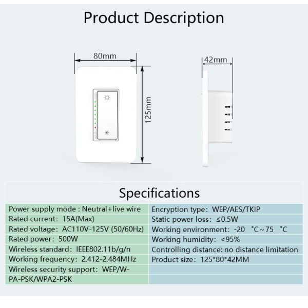 Tuya Wireless Intelligence Smart Wifi Wall Switch 16A FCC Smart Home Dimmer Switch