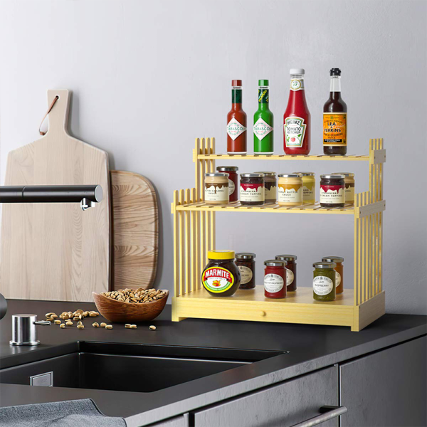 Sustainable Bamboo Spice Rack 3 Tier Multifunction Rectangle Storage Kitchen Customizable