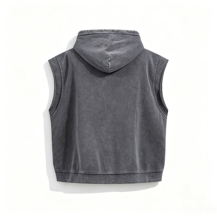 400GSM Hooded Zip Up Vest Vintage Ruin Wash Streetwear Gilet Oversized