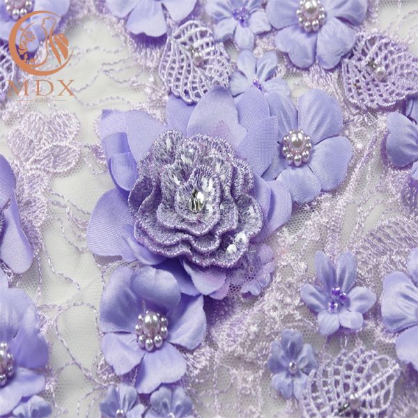 Embroidered 3D Flower Lace Fabric / Purple Lace Material Polyester For Evening Dress