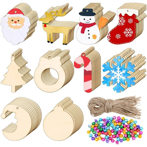 Wooden Christmas Ornaments Set DIY Wood Christmas Hanging Decoration with Ropes
