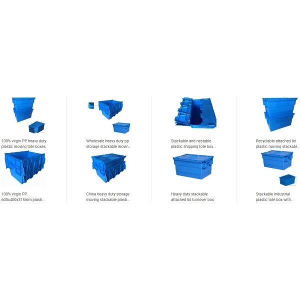 Heavy duty stackable attached lid turnover box, Stackable and nestable plastic shipping tote box for storage or moving