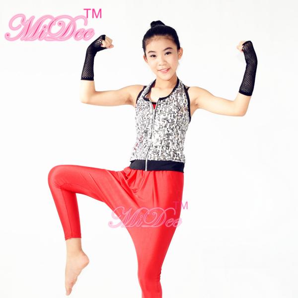 Sporty Hip Hop Dance Apparel Sleeveless Sequin Bodice Red Leotard With Fingerless Gloves