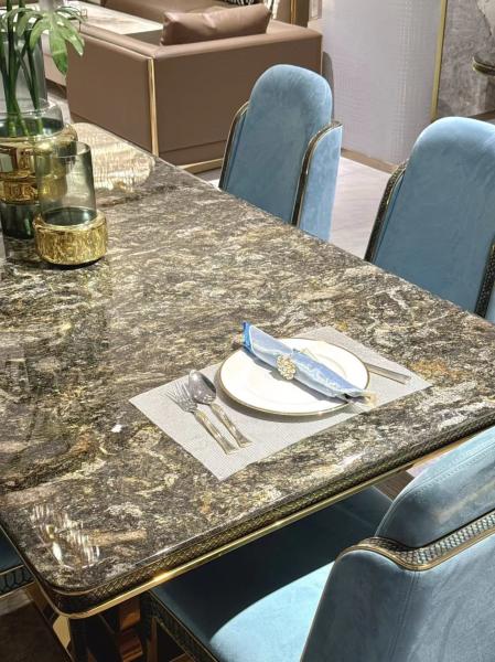 Platinum Diamonds Marble Luxury Dining Table with Black White Gold Veins for Modern High-End Villas