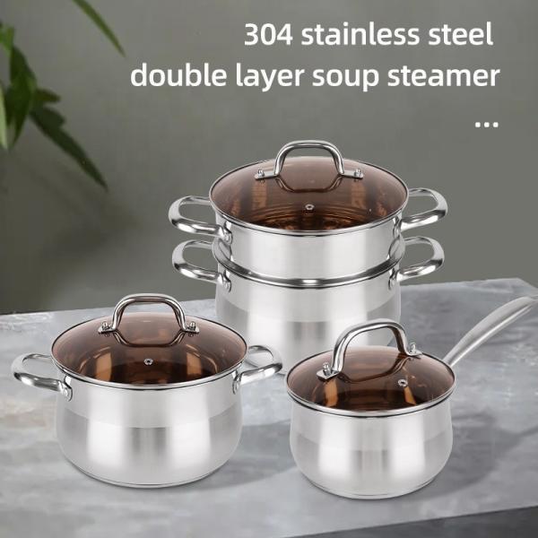 Wholesale 18/8 Stainless Steel Cooking Soup Pot Set Kitchen Ware Double Bottom Induction Pan & Pot Set Cookware Set