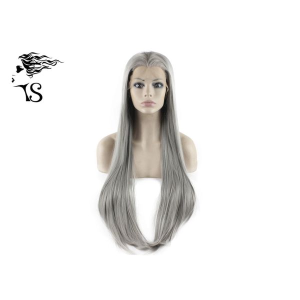 26 Inch Gray Long Straight Synthetic Lace Front Wigs For Black / White Women